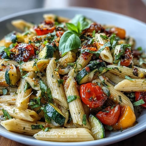 Steam rises from a pot of Vegan One-Pot Pasta Primavera with Lemon and Basil, loaded with zucchini, bell peppers, and cherry tomatoes for a healthy weeknight meal.