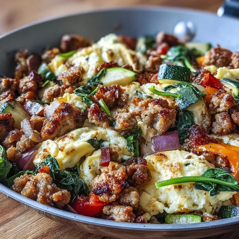 Sizzling pork sausage and colorful bell peppers in a Keto Sausage and Veggie Breakfast Scramble.