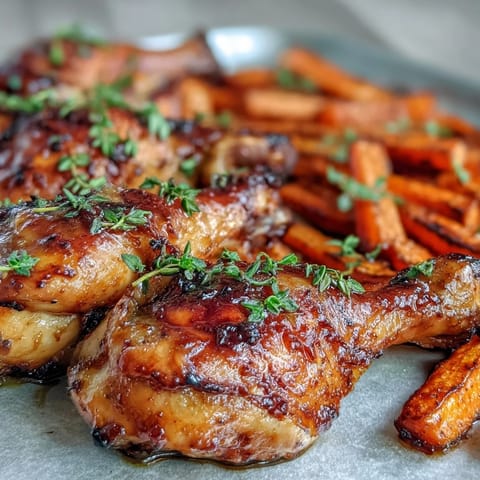 Baked Sheet Pan Honey Garlic Chicken Drumsticks with Roasted Carrots served beside fluffy rice and fresh thyme.