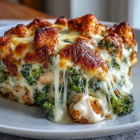 Golden bubbling Keto Creamy Chicken and Broccoli Casserole with tender chicken pieces and fresh green broccoli florets.