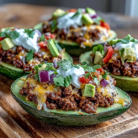 Golden-brown taco meat and melted cheese filling halved avocados for Keto Taco Stuffed Avocados with Sour Cream and Salsa.