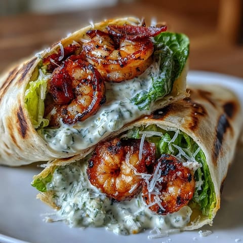 2. Zarte gegrillte Garnelen und frischer Römersalat in Tortillas gewickelt, verfeinert mit würzigem Caesar-Dressing.  