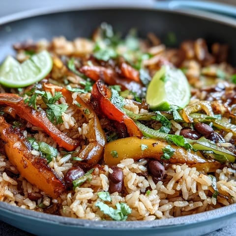 2. Rauchige Fajita-Gemüse, aromatischer Reis und herzhafte schwarze Bohnen in einer bunten, veganen Pfanne – ideal für die ganze Familie.  