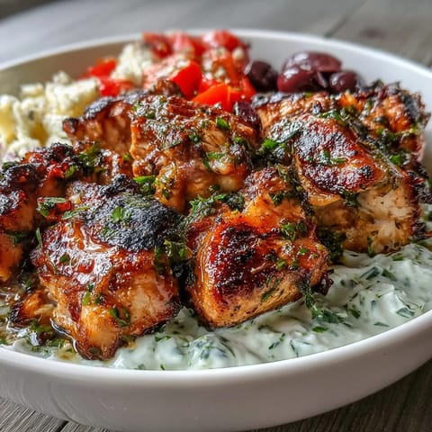 2. Saftige mariniertes Hähnchen, knackige Gurken und Tomaten auf Reis in einer mediterranen Schüssel mit Tzatziki.