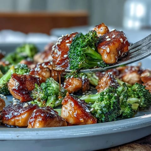 1. Lebendiges Bild von saftigem Teriyaki-Hähnchen und knackigem Brokkoli auf einem Blech, serviert über braunem Reis und garniert mit Sesam und Frühlingszwiebeln.  