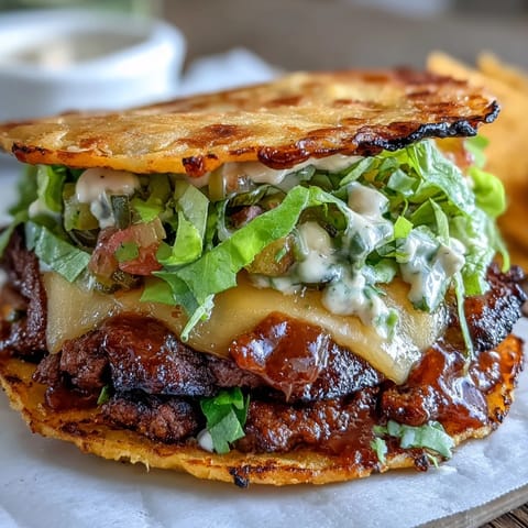 2. Zarte, flachgedrückte Beef-Patties auf knusprigen Taco-Schalen, überbacken mit Cheddar und frischem Salat – ein American-Favorit zum Selbermachen.  