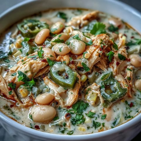Hier sind drei einzigartige, SEO-optimierte ALT-Texte für das Bild des White Bean Chicken Chili: