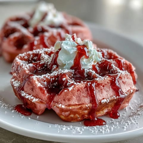 Fluffige rosa Waffeln mit Kakao, dekoriert mit cremigem Frischkäse-Glasur für ein festliches Galentines-Brunch.