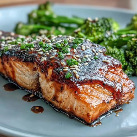 Honig-Soy-Lachs mit Sesam-Brokkoli: goldbraun gebratene Lachsfilets, glasiert mit Honig-Soy-Sauce, begleitet von aromatischem Brokkoli.  