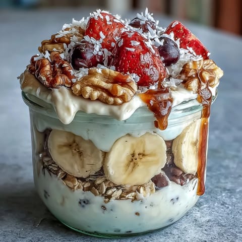 Fluffy Yogurt Banana Split Breakfast Jar mit cremiger Joghurt-Schicht, frischen Beeren und knusprigem Granola in Gläsern geschichtet.
