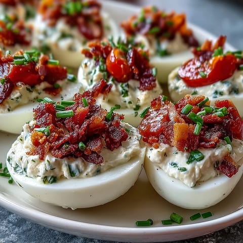 BLT Deviled Eggs mit knusprigem Speck, die cremige Füllung und frische Toppings zeigen.