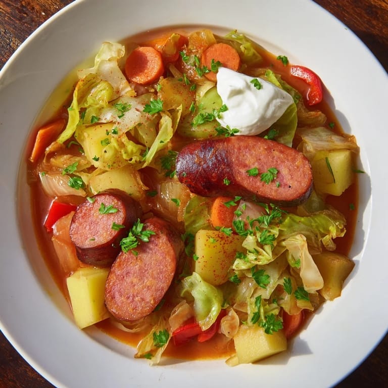 Close-up of the flavorful Effortless Sausage and Cabbage Stew, with visible sausage and tender vegetables.