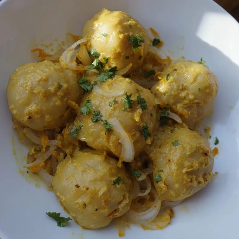 Homemade Curry Comfort Potato Dumplings swimming in a vibrant, spiced, creamy sauce on a plate.