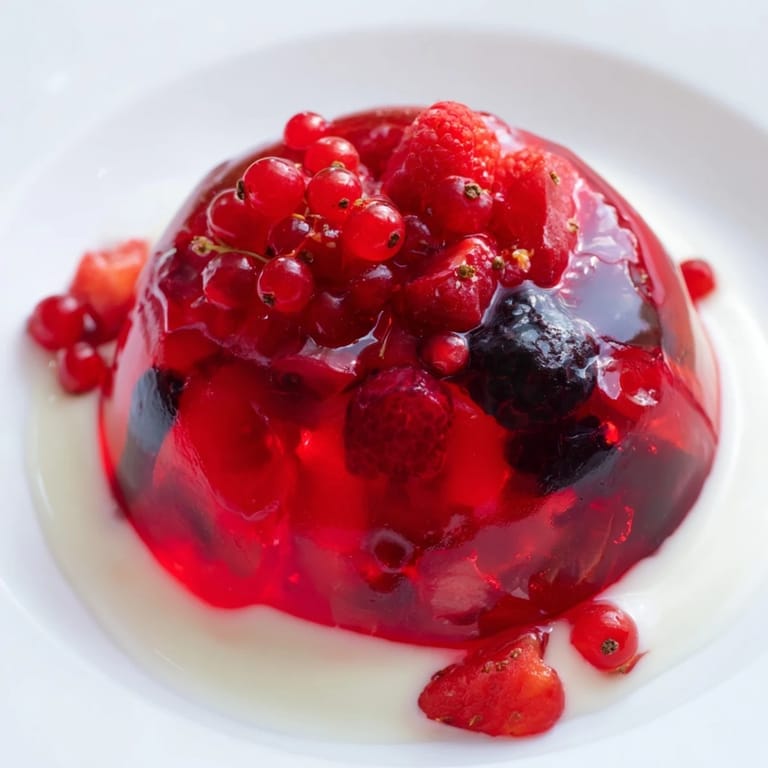 Homemade Rote Grütze dessert, showcasing the vivid berry compote beside a smooth, vanilla sauce drizzle.