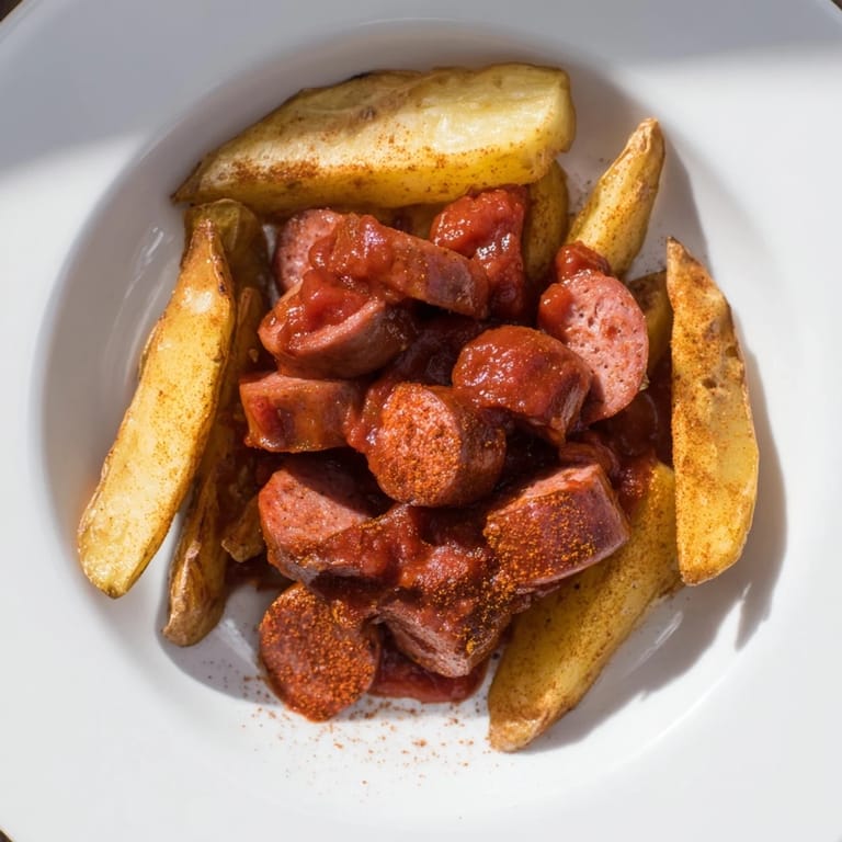 Savory Currywurst topped with zesty curry sauce served with a side of delicious fries.