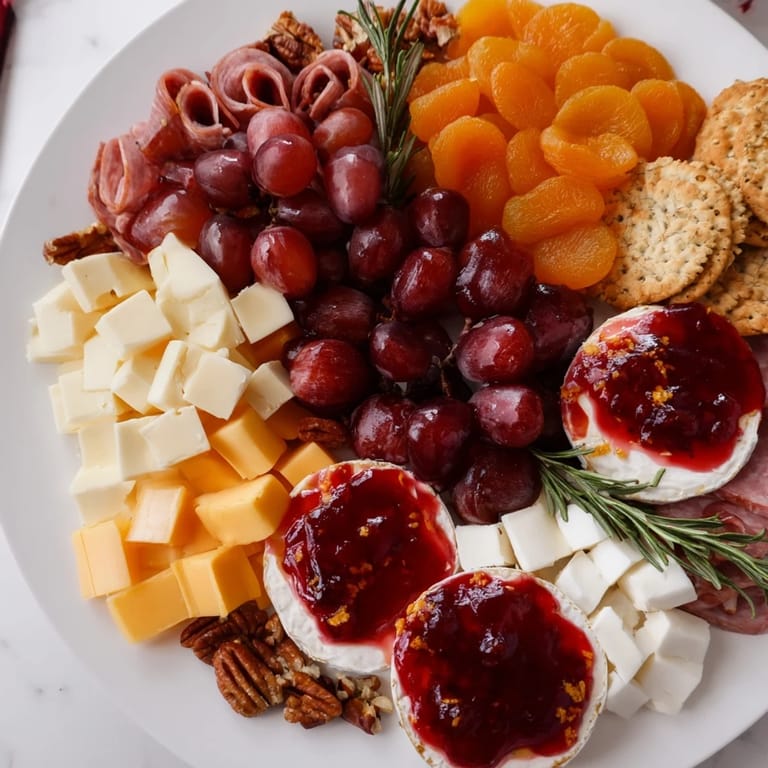 A close-up of a stunning Cranberry Wreath Platter brimming with colorful fruits, crackers and cheese.