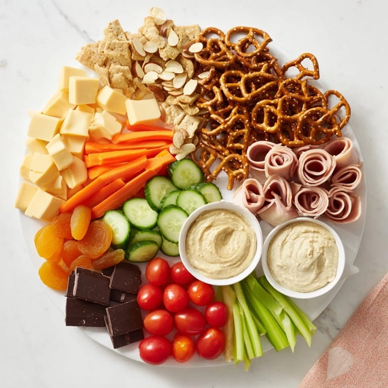 Colorful Renard Rusé Snack Assortment, a mix of sweet and savory: cheese, chocolate, and fresh vegetables.