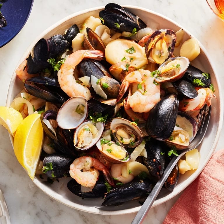 Frisches Shellfish & Seafood Medley, dampfend heiß, angerichtet mit Kräutern und Zitrone, appetitlich.