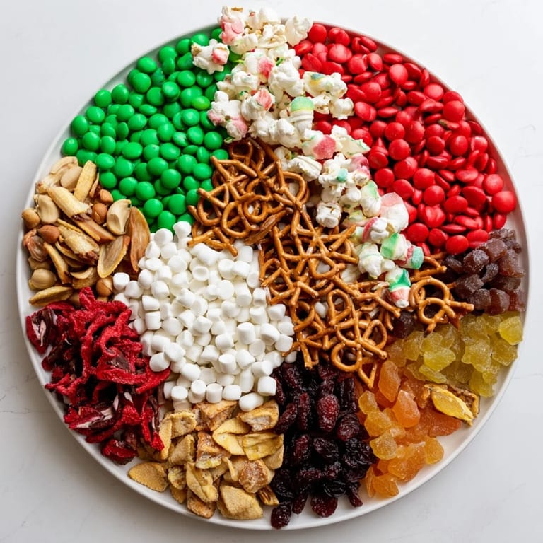 A close-up shot of the Elf Snack Trail Mix, a delicious combination for a holiday movie night.