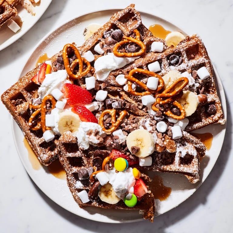 Homemade gingerbread house waffle breakfast, a fun holiday activity for kids and adults.