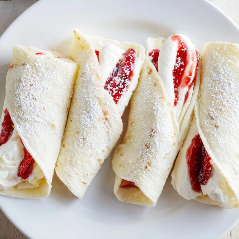 Easy Snow Angel Tortilla Wraps showcase tortillas rolled with jam and cheese, perfect for a sweet treat.