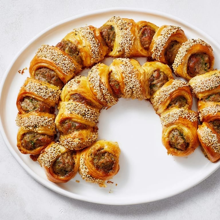 A close-up of a festive half-circle mini sausage roll wreath, showcasing flaky pastry.