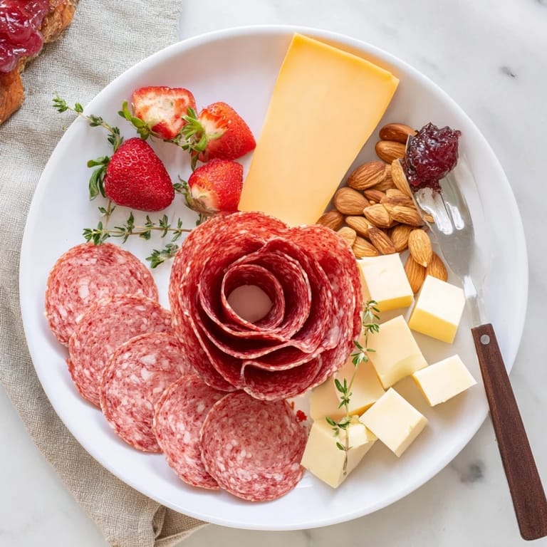 Vibrant photo of Easy Charcuterie featuring a salami rose, perfect for a quick snack with delicious cheeses.