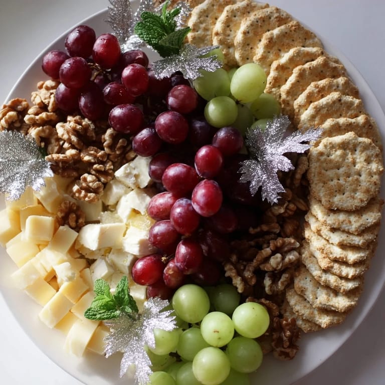 Elegant Sparkling Grape and Silver Cracker appetizer with silver-dusted crackers and fresh mint sprigs.