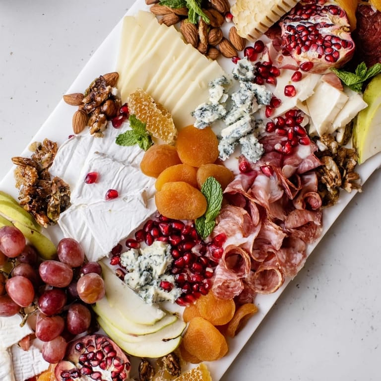 A beautifully arranged Pomegranate Jewel Cascade cheese board, perfect for entertaining with visual delight.