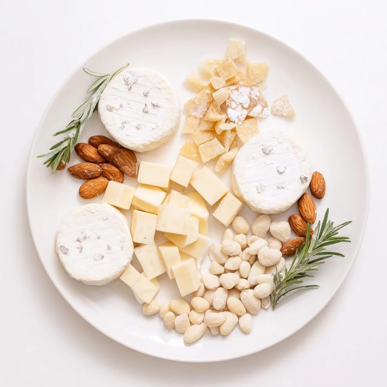 A festive Winter Wonderland Platter appetizer, featuring goat cheese, white crackers, and silver accents for the holidays.