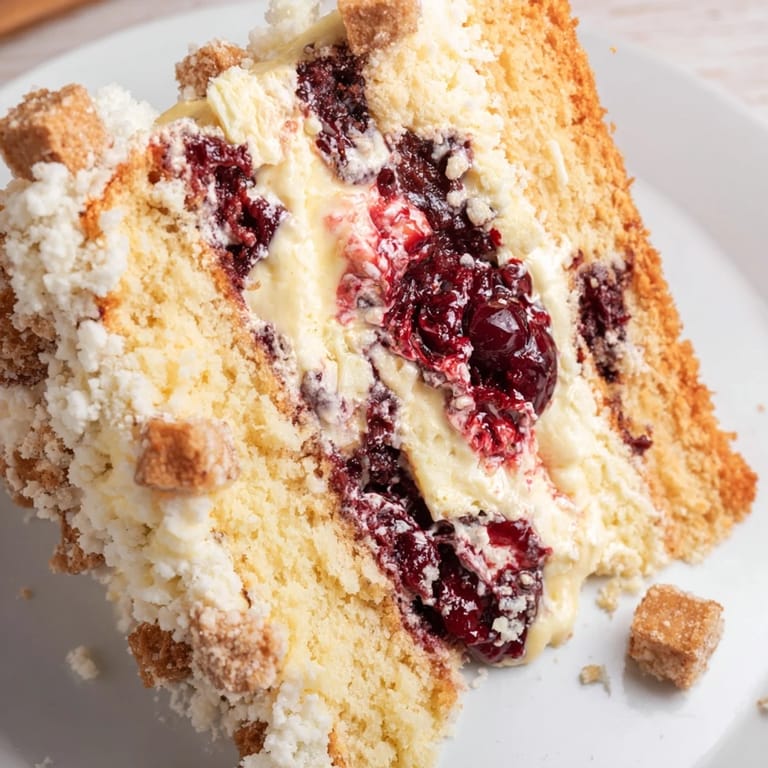 A slice of warm German Cherry Coffee Cake, perfect for a cozy afternoon treat with coffee.