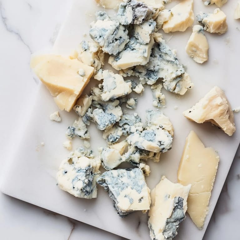 "Vivid closeup of The Marble Quarry featuring creamy blue cheese and white cheddar pieces on a marble surface."