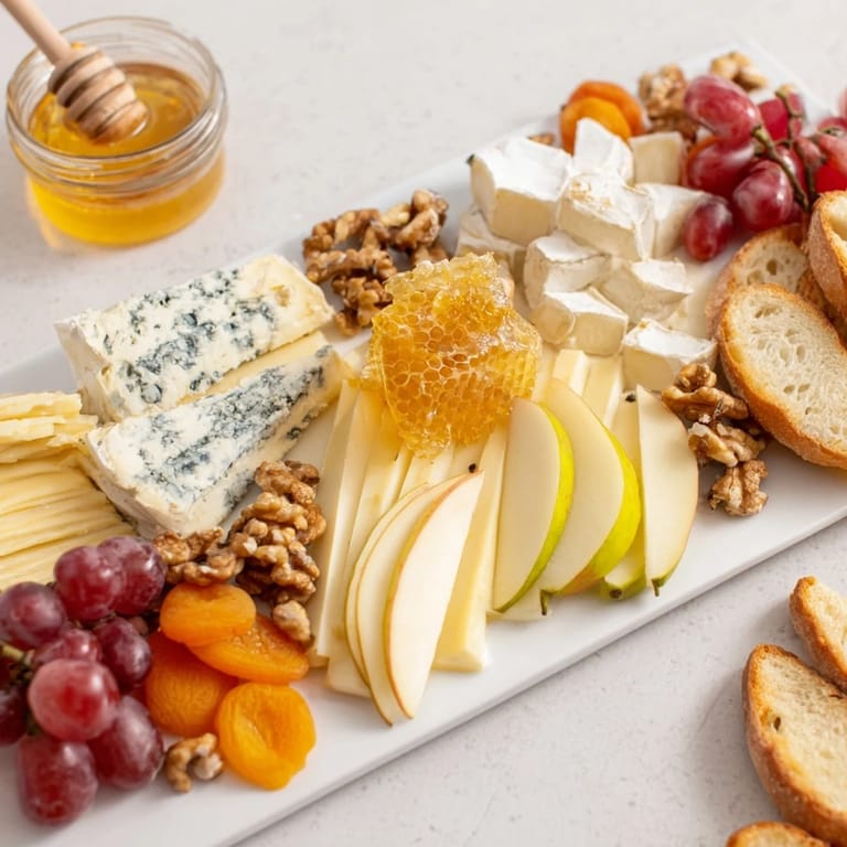 A beautifully arranged honeycomb, honey & cheese board ready to be enjoyed with friends, a perfect sharing spread.