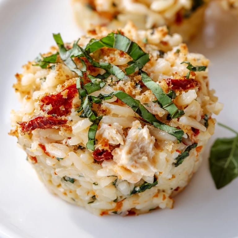 Muffin-sized Marry Me Chicken Sushi Bake Cups with orzo, baked until bubbly and golden, a delightful appetizer.