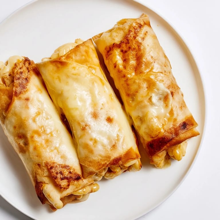 Close-up of air-fried Tinis Mac and Cheese Lumpia Rolls, showing the creamy filling's delicious texture.
