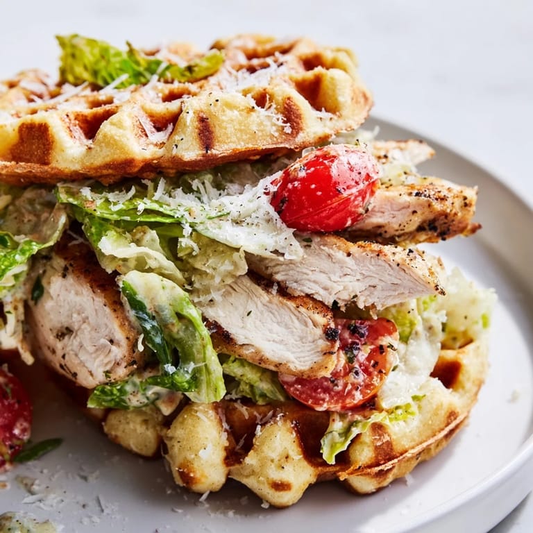 Grilled chicken and Caesar salad filling, sandwiched between golden Chicken Caesar Waffle Sandwiches for lunch.