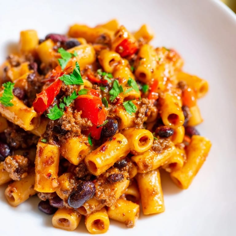 Hearty one-pot ditalini with hot cocoa chili, topped with cilantro and ready to be served.