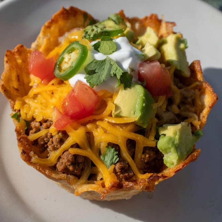 Close-up of freshly baked mini Taco Cups, loaded with toppings, offering a savory Mexican flavor.