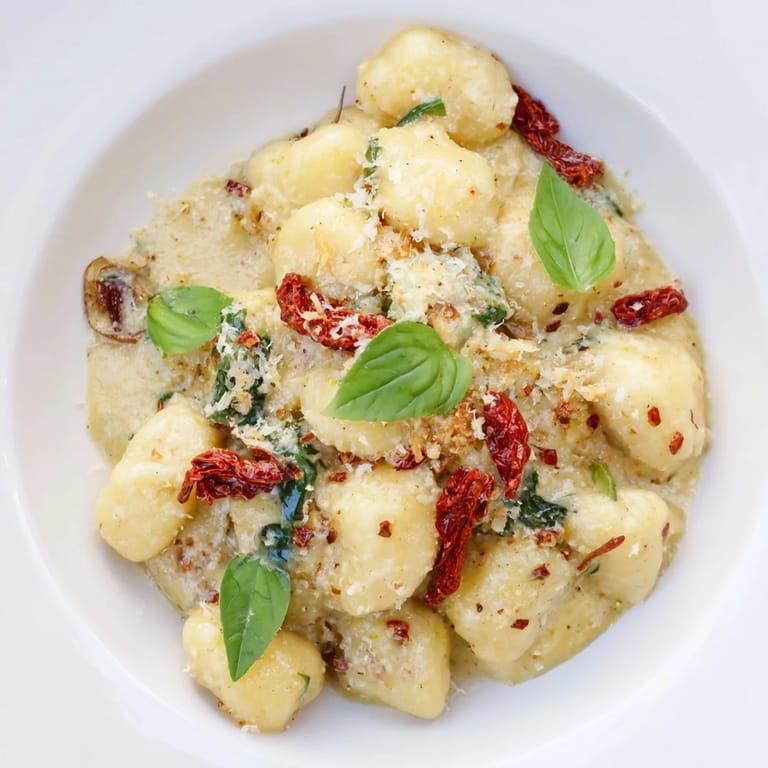 Warm skillet of Creamy Tuscan Gnocchi, a comforting Italian dinner with Parmesan garnish, ready to eat.