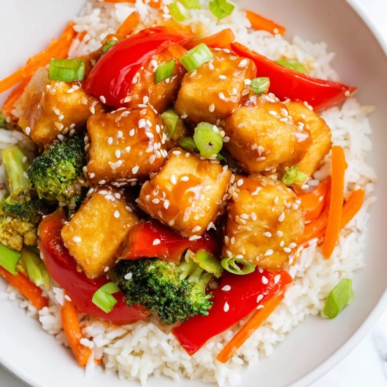Steaming-hot honey garlic tofu bowls served over rice, garnished with sesame seeds and fresh green onions.