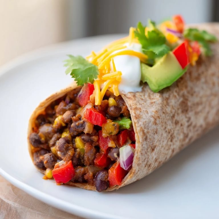 A close-up of a delicious Smoky Black Bean Burrito, ready to be enjoyed with fresh toppings.