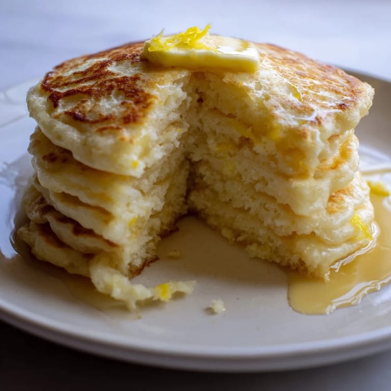 Close-up of golden Lemon Ricotta Pancakes, with a dusting of powdered sugar, and a hint of lemon.