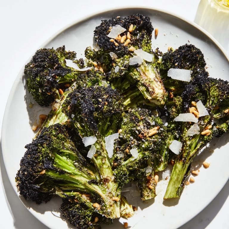 A close-up of delicious Charred Broccoli Salad, showing smoky broccoli and toasted nuts ready to enjoy.