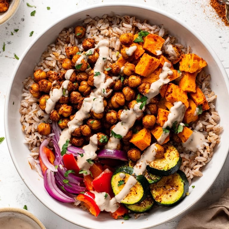 A colorful, close-up shot of a healthy Roasted Chickpea Buddha Bowl, overflowing with fresh ingredients.