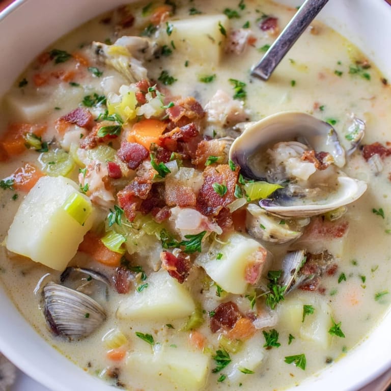 Thick and hearty, a close-up of New England Clam Chowder with visible clams, perfect for a cold day.