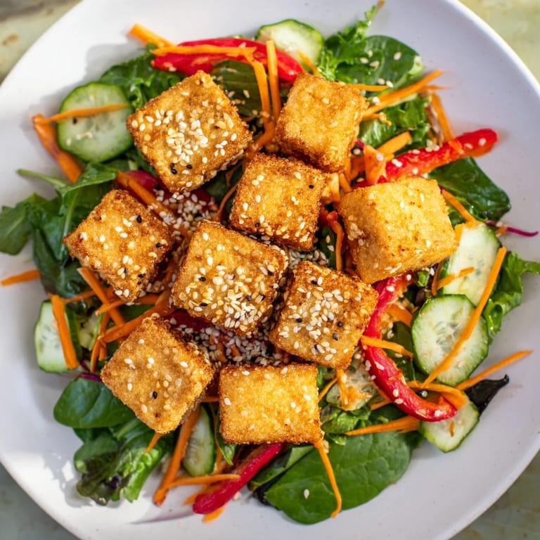 Fresh, crispy tofu salad featuring colorful vegetables; a healthy, Asian-inspired meal ready to enjoy!