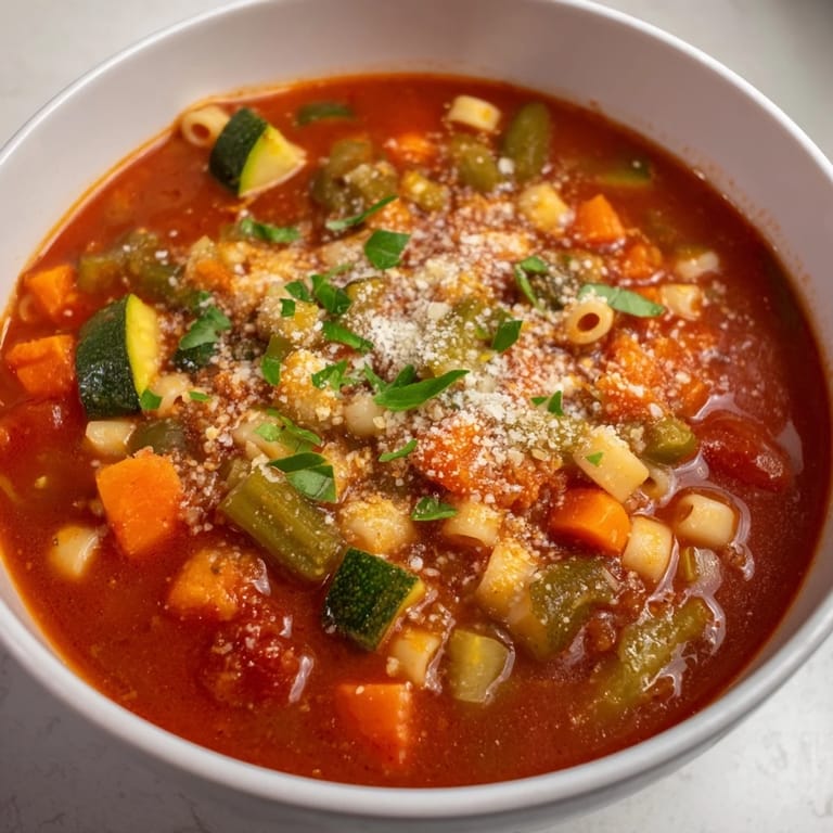 Steaming Tomato Basil Minestrone soup, garnished with fresh basil and Parmesan cheese.