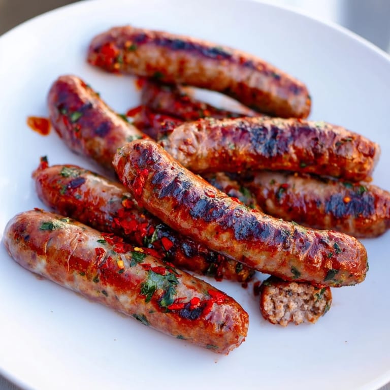 Sizzling Tunisian merguez sausage cooking on a grill, promising a flavorful North African meal.