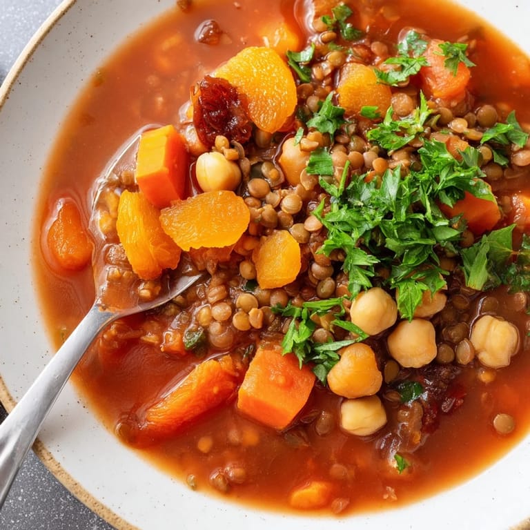 Close-up of a flavorful North African Harira Soup, garnished with fresh cilantro and a lemon wedge.