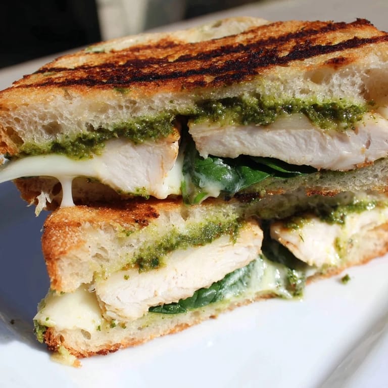 Ein saftiger Chicken Pesto Panini liegt auf einem hölzernen Schneidebrett, gefüllt mit Tomaten und Rucola und einer leicht geöffneten Hälfte.